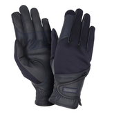 Pair of navy gloves with a visible brand logo on a white background